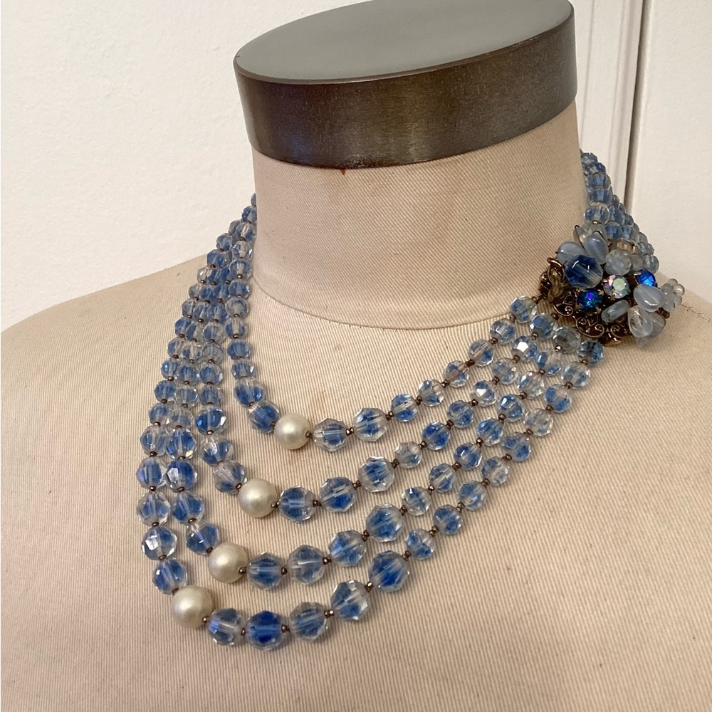 Vintage Blue Crystal Necklace 5 Strand Necklace